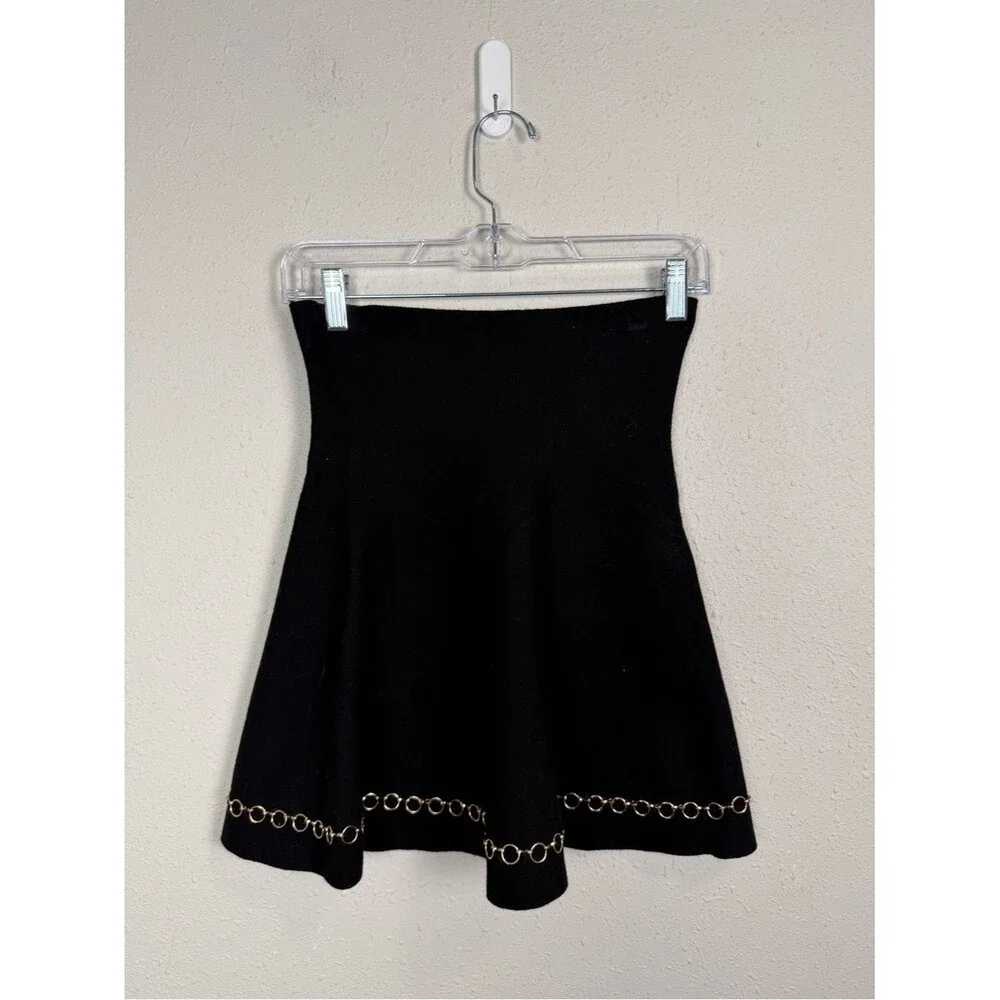 Zara Knit Black A-Line Mini Skirt Gold Chain Hem High Waist Skater Skirt Small